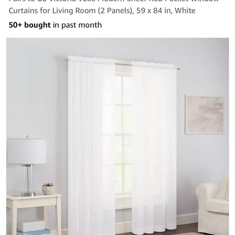 4 panels Victoria Voile white Sheer Rod Pocket Window Curtains measures 38”x87”